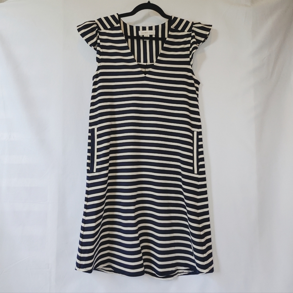 Monteau LA Women's Navy and White Flutter Sleeve Dress with Pockets, sz Large